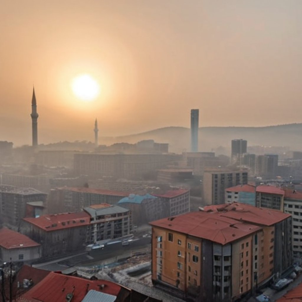 A smog-filled cityscape in Kosovo during winter, with buildings obscured by thick smoke and a faint sun struggling to penetrate the haze, emphasizing the severity of air pollution.