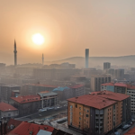 A smog-filled cityscape in Kosovo during winter, with buildings obscured by thick smoke and a faint sun struggling to penetrate the haze, emphasizing the severity of air pollution.