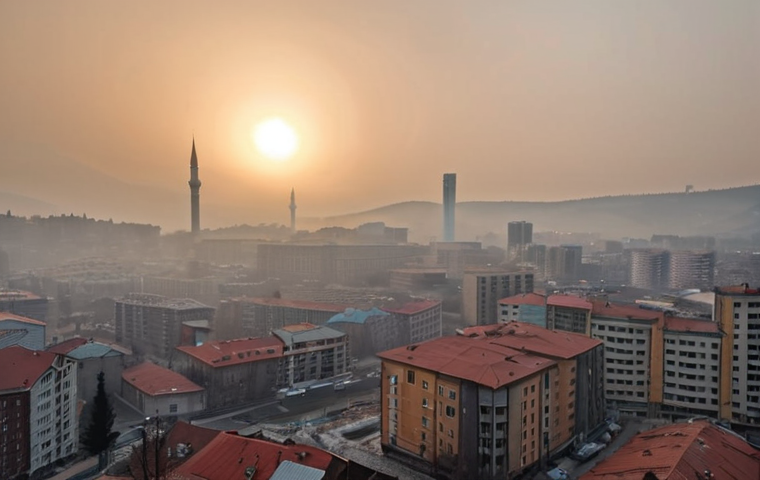 A smog-filled cityscape in Kosovo during winter, with buildings obscured by thick smoke and a faint sun struggling to penetrate the haze, emphasizing the severity of air pollution.