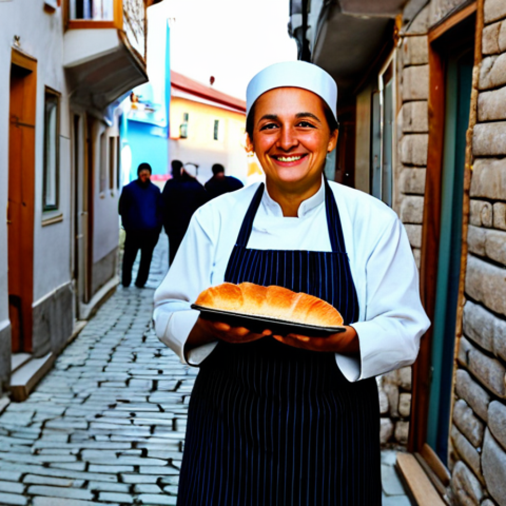 A local person, fully clothed in professional dress and modest attire, standing in a narrow, cobblestone alleyway in Pristina, Kosovo. They are holding a piece of warm, freshly baked 'Sifteri' bread in one hand and a takeaway coffee cup in the other, steam gently rising. A traditional Kosovan bakery with a warm glow from inside is visible in the soft light of early morning. The scene captures the essence of a vibrant morning, depicting simple happiness and daily life. safe for work, appropriate content, fully clothed, professional, perfect anatomy, correct proportions, natural pose, well-formed hands, proper finger count, natural body proportions, professional photography, high quality.
